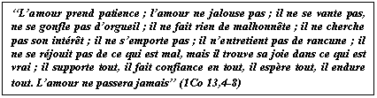 Zone de Texte: &lsquo;&lsquo;L&rsquo;amour prend patience ; l&rsquo;amour ne jalouse pas ; il ne se vante pas, ne se gonfle pas d&rsquo;orgueil ; il ne fait rien de malhonn&ecirc;te ; il ne cherche pas son int&eacute;r&ecirc;t ; il ne s&rsquo;emporte pas ; il n&rsquo;entretient pas de rancune ; il ne se r&eacute;jouit pas de ce qui est mal, mais il trouve sa joie dans ce qui est vrai ; il supporte tout, il fait confiance en tout, il esp&egrave;re tout, il endure tout. L&rsquo;amour ne passera jamais&rsquo;&rsquo; (1Co 13,4-8)